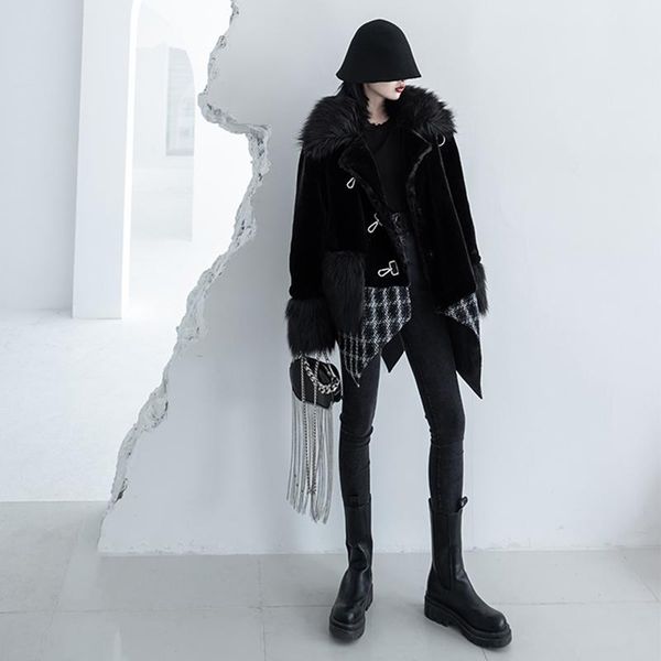 

women's wool & blends fit irregular loose tweed spliced plush woolen coat parkas long sleeve women fashion autumn winter 2021 1dd1790, Black