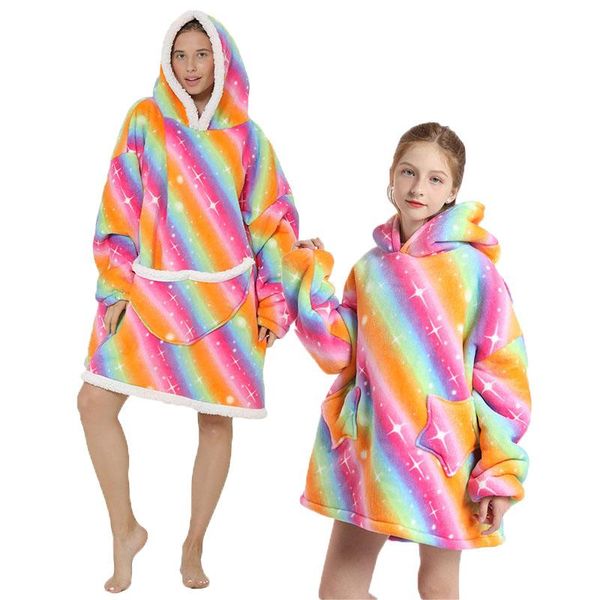 

family matching outfits hooded sweatshirt blanket fleece warm hoodies parent-child clothes pullover wearable, Blue