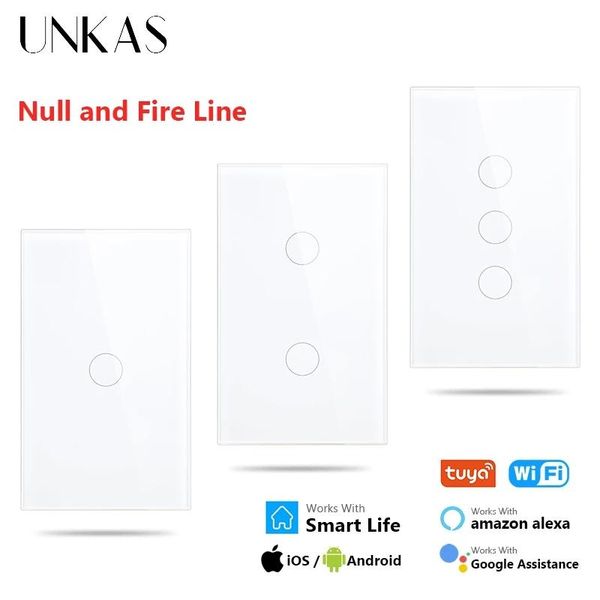 

smart home control unkas 1 / 2 3 gang crystal glass panel us standard wifi touch light switch tuya life app null and fire line outlet
