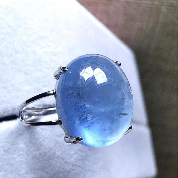 

cluster rings 16x13mm natural ocean blue aquamarine stone ring for woman man crystal oval beads silver adjustable jewelry, Golden;silver
