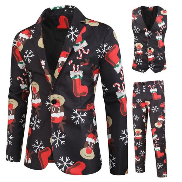 

men's suits & blazers 3pcs christmas print suit for men blazer vest and pants set buttons xmas festival supply d88, White;black