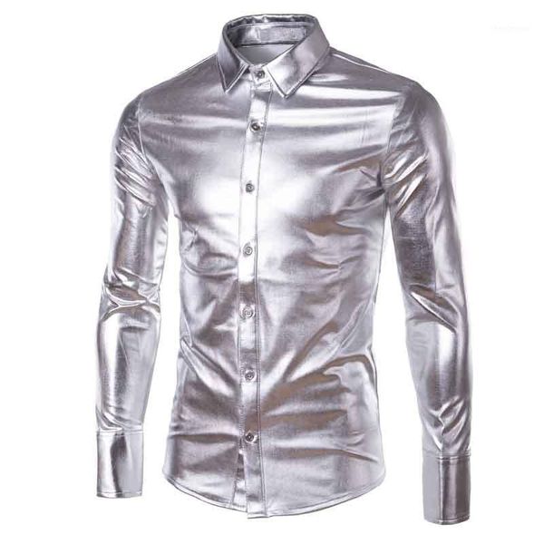 

men's dress shirts gold silver shiny leather coating shirt men clubwear fashion long sleeve button up punk style hip hop plus size xxxl, White;black