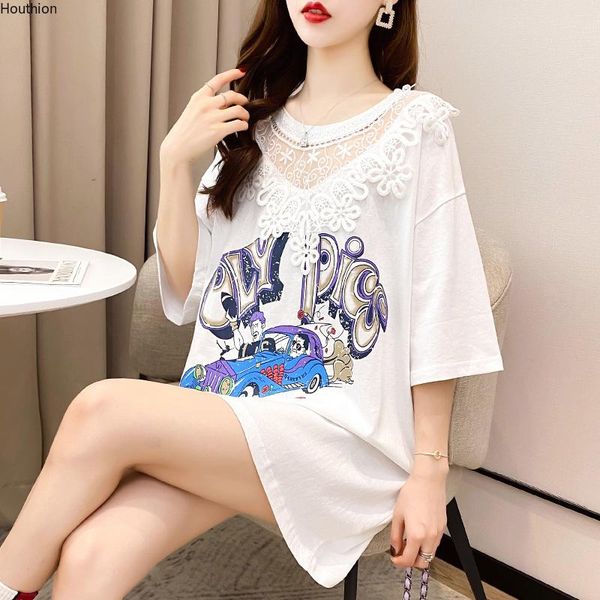 

women's t-shirt houthion lace loose plus size tshirt short sleeve korean fashion casual o-neck t shirt summer, White