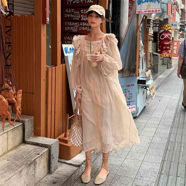 Primavera Solta Square Lace Stitching Ruffled Vestido Longo Buff Manga Tornozelo Livro Casual Vintage Coreano FT807 210427