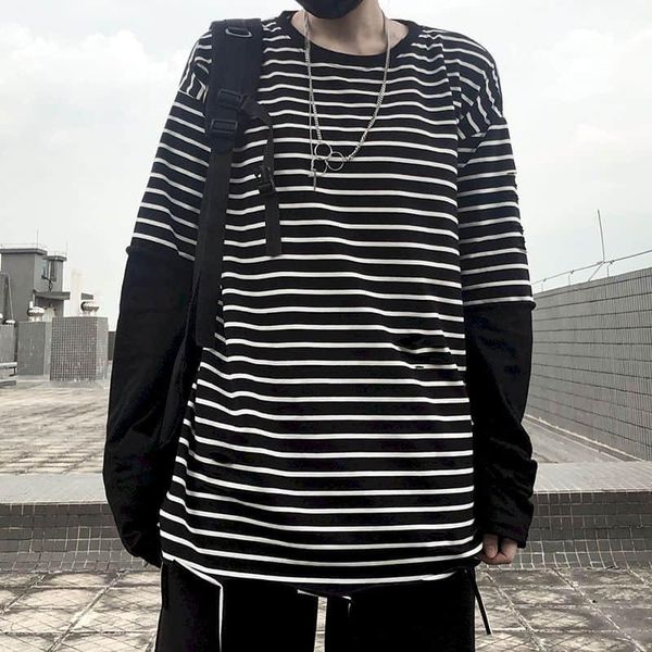 

men's t-shirts harajuku t-shirt fake 2 pieces high street stripe tshirts women casual streetwears couples tee clothes, White;black