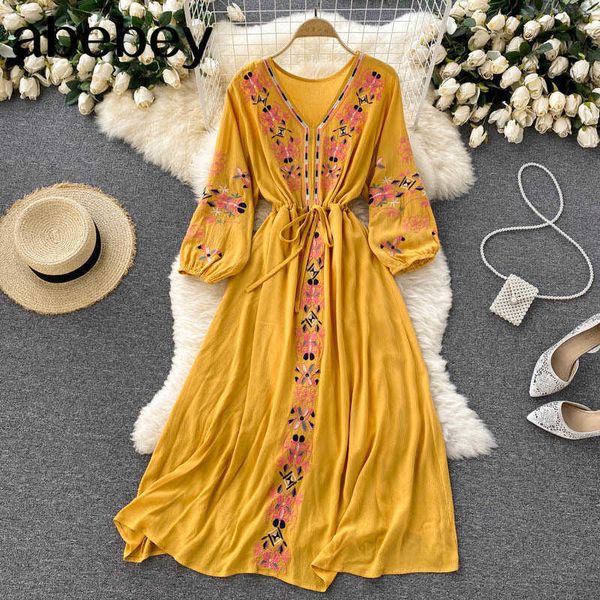 

women retro embroidery dress fashion puff sleeve v neck a-line dresses autumn bohemian casual vacation midi dress 210715, Black;gray