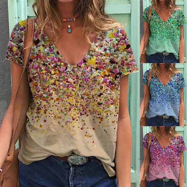 

women's t-shirt summer style v-neck casual bottoming shirt floral print short sleeve loose sweet tees plus size, White