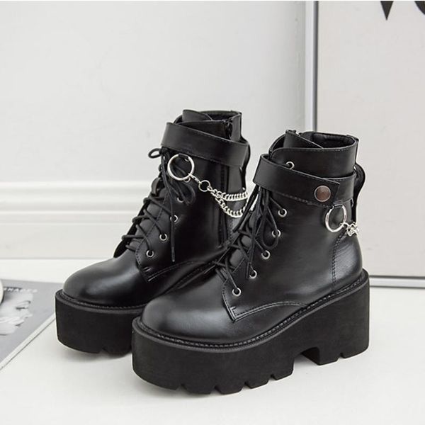 

metal chains chunky platform women's boots round toe women winter black punk goth