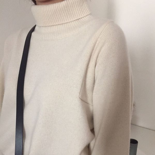 

women's t-shirt autumn winter sweaters and pullovers turtleneck women minimalist beige khaki black ladies oversized aeyb, White
