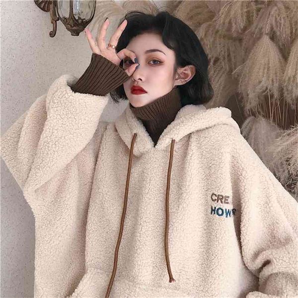

winter thickening plus velvet lamb plush hooded sweatshirt female harajuku korean fashion loose casual women 210519, Black