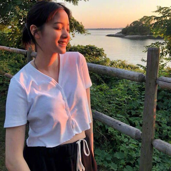 

e-girl solid color cute crop kawaii aesthetics v-neck short sleeve t-shirts 90s streetwear button up ladies clothing women's t-shirt, White