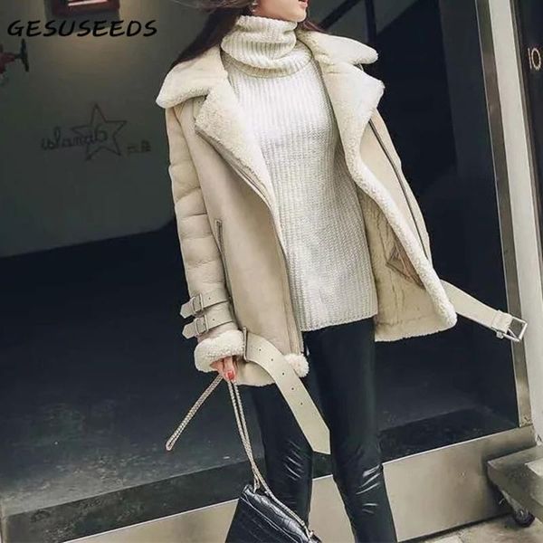 

winter leather jacket women black faux fur coat vintage turn down collar warm sashes loose outerwear women's &
