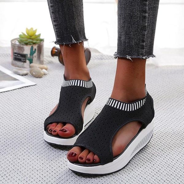 

dress shoes summer women sandals peep toe thick bottom mesh breathable slip-on comfortable fashion casual beach holiday, Black