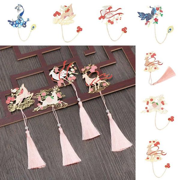 

bookmark chinese retro classic peacock deer hollow design brass tasseled book clip pagination mark stationery school supply