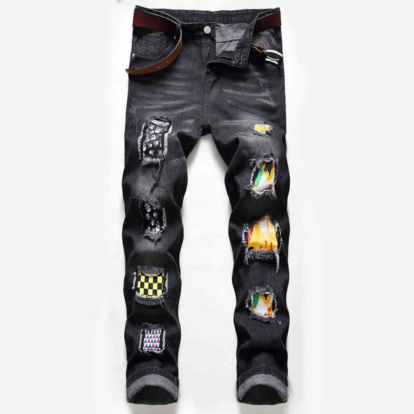 

2021 slim hole jeans men's trend locomotive color contrast pants, Blue
