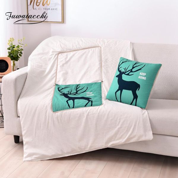 

pillow blanket 2 in 1 linen warm cartoon deer foldable patchwork quilt printed for home office car throw cushion cushion/decorative