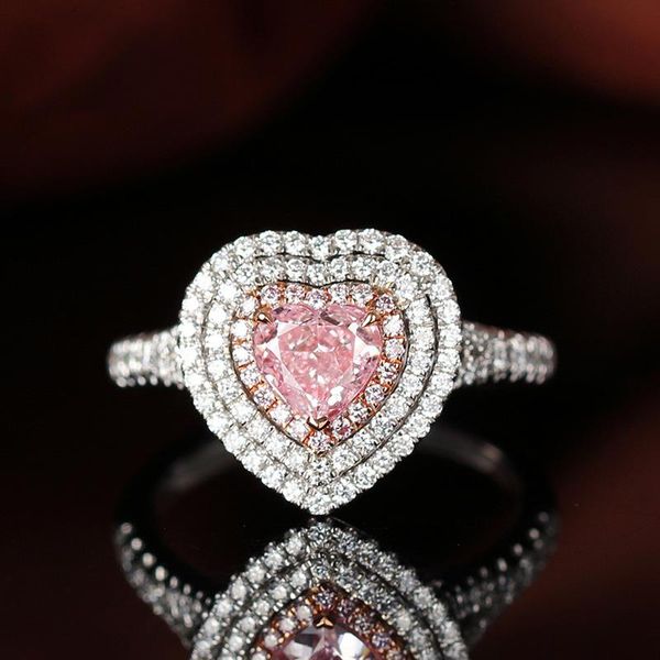 

wedding rings luxury big heart shape sweet women ring s925 5*5mm pink stone zirconia 2021 fashion brand jewelry wholesale, Slivery;golden