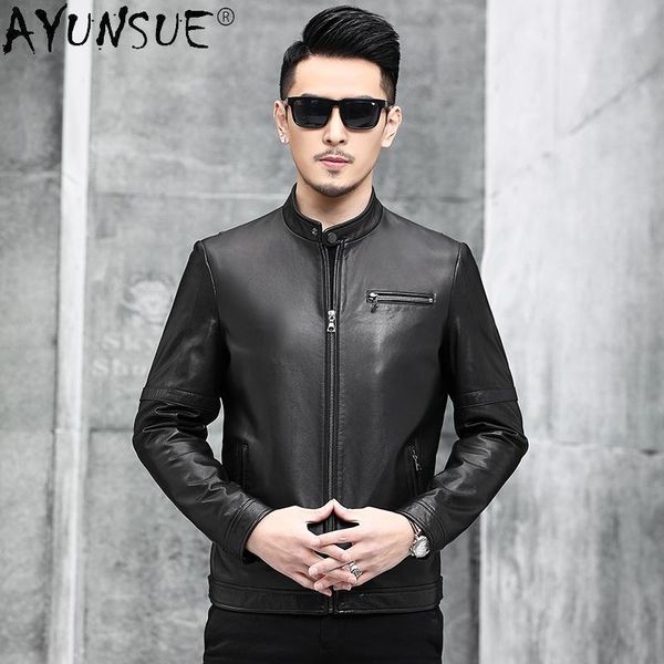 

men's leather & faux akoosun genuine jacket men clothng 2021 spring coat real goatskin clothes short stand collar veste homme lxr820, Black