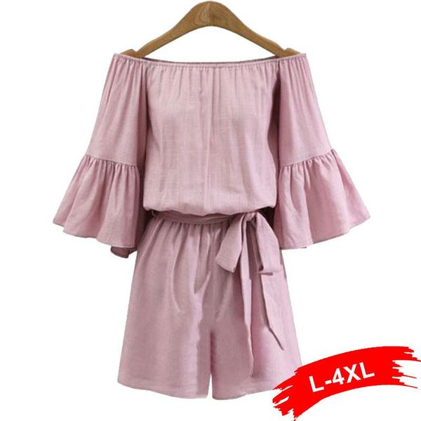 

plus size pants off shoulder flare sleeve linen cotton playsuits jumpsuit 4xl summer women beach wear self bow tie waist overalls, Black