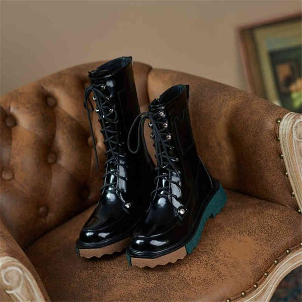 

dress shoes lace up motorcycle genuine leather round toe shoe woman winter med heels working casual boots female platform mid calf, Black