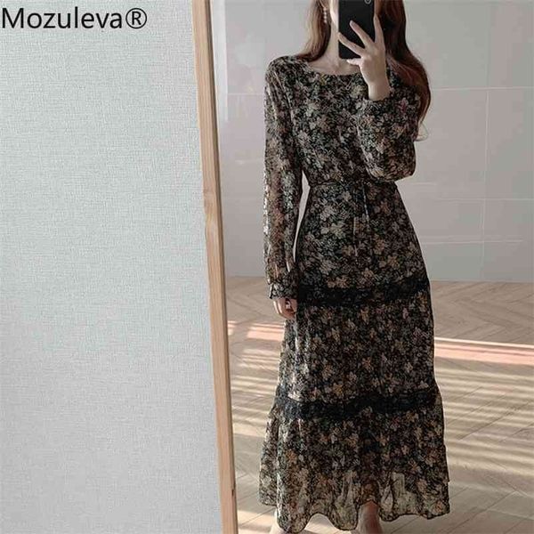 

vintage o-neck floral full sleeve women chiffon spring autumn lace sashes slim waist female a-line dress 210416, White