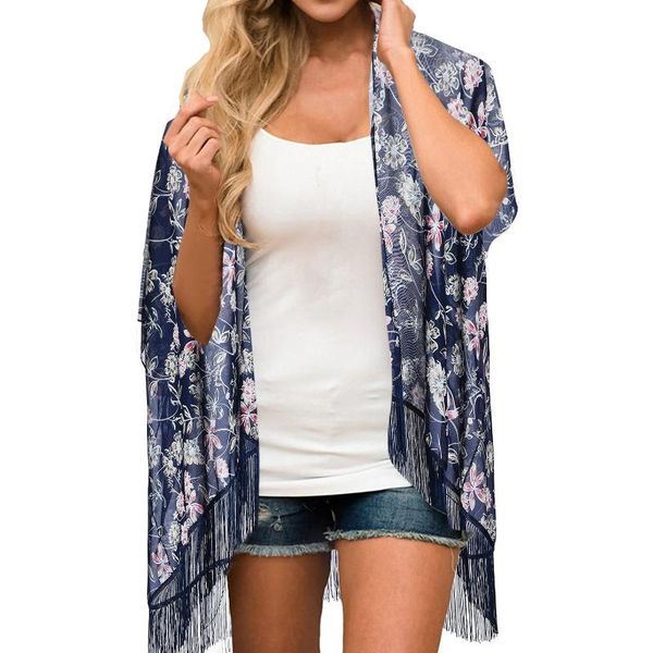 

women's swimwear feitong blouse women floral print chiffon cardigan short sleeve loose beach wear cover up summer clothes streetwear, White;black