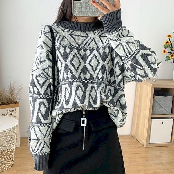 

knit sweater pullover jaet thiened outer wear korean version plaid diamond female lazy style large oversized round ne, Black