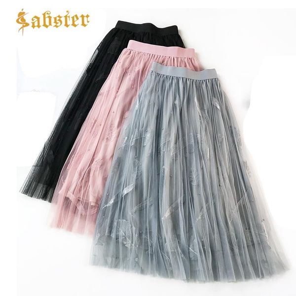 

skirts 2021 summer floral embroidery tulle beading high waist elegant long female pleated skirt xz218, Black