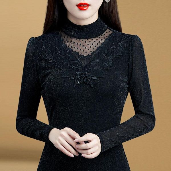 

women's blouses & shirts women 2021 autumn winter lace lady casual long sleeve embroidery flower turtleneck blusas plus size 4xl x228, White