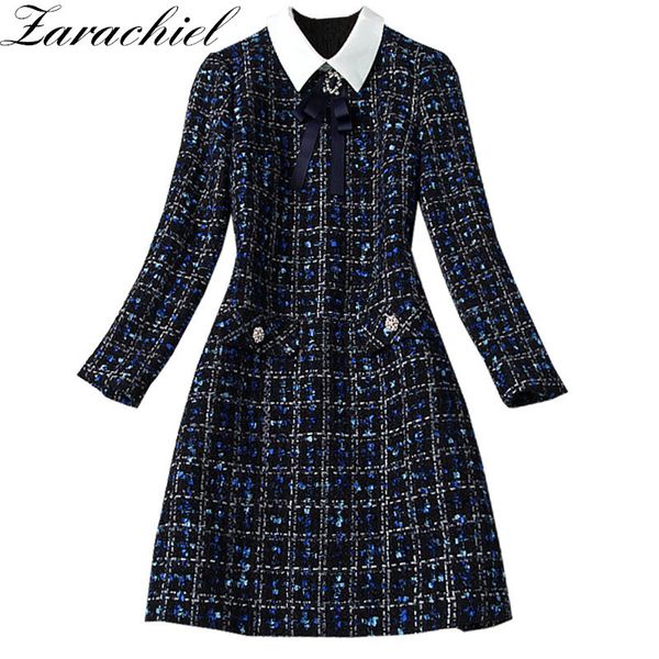 Designer de moda marinho azul xadrez arco laço tweed outono inverno mulheres manga longa diamantes botão vintage lã vestido curto 210416