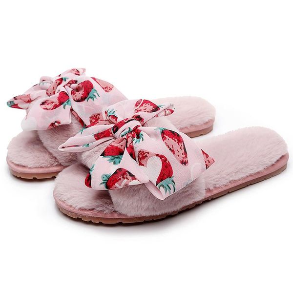 

slippers cute fluffy house for women faux fur slides slipper shoes female home soft fruit bow-knot winter hy341, Black