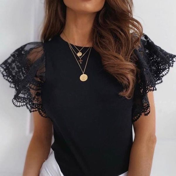 

women's blouses & shirts lace blouse summer petal short sleeve solid o neck chic woman ladies elegant slim tunic for female me9x, White