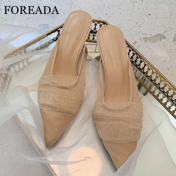 

dress shoes foreada women mules pumps bling med heels stiletto heel fashion pointed toe shallow ladies footwear pink 34-40, Black