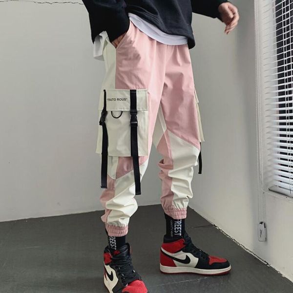 

men's pants multi pockets ribbons patchwork mens punk hip hop cargo joggers pink color street vintage harem casual sweatpants for male, Black