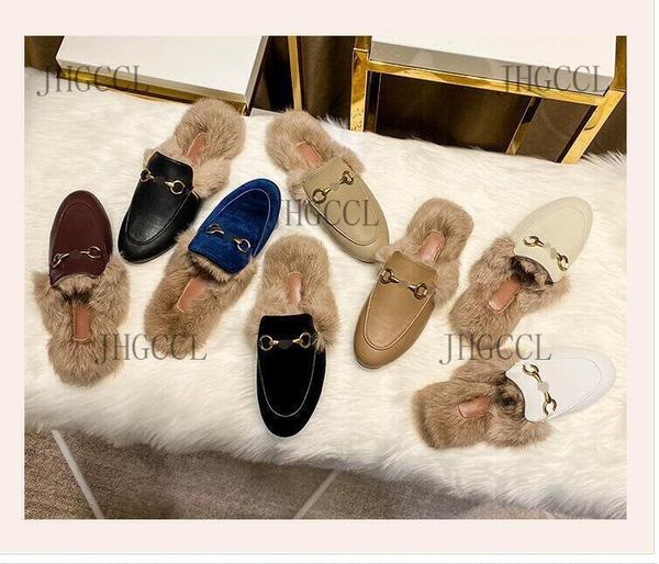 

fall shoes women winter metal buckle fur wool slippe for slippers, Black