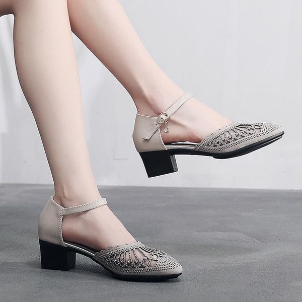 

sandals summer women middle heel 2021 hollow women's shoes thick diamond mesh point toe, Black