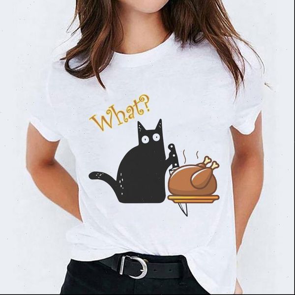 

cat cartoon clothing thanksgiving women halloween print graphic tee, White