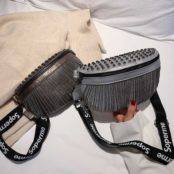 

texture chest bag women's chain rivet tassel winter messenger ins waist