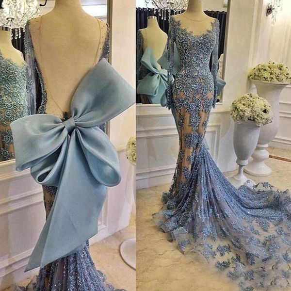 

light sky blue mermaid evening pageant dresses 2021 illusion long sleeve laceapplique sheer fishtail occasion prom wear gown, Black;red