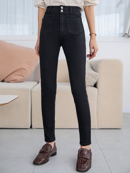 

dazy high waist pocket patched skinny jeans 510c#, Blue