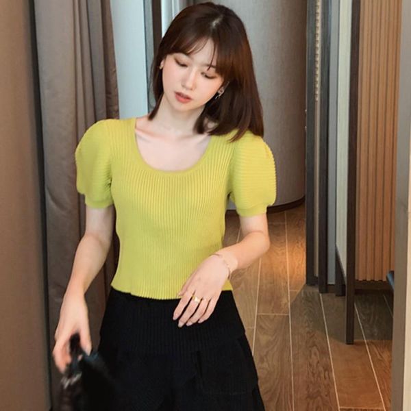

women's t-shirt women tshirt summer square collar short sleeve knitted korean style sweet tees slim, White