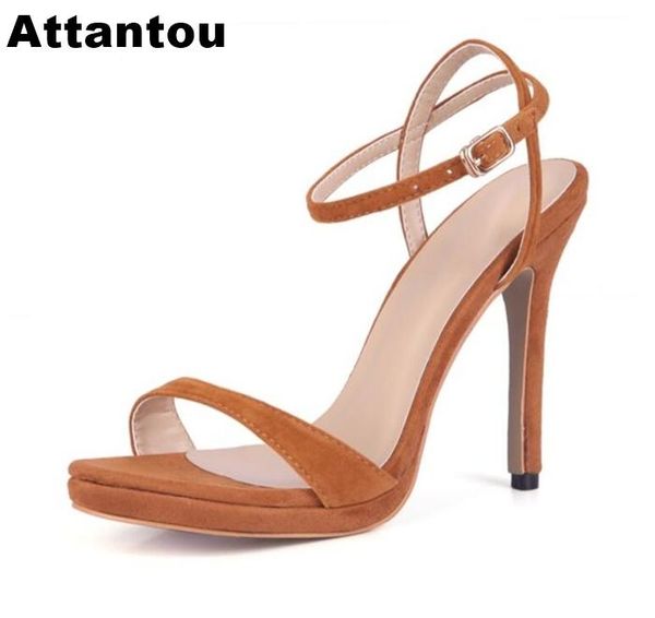 

concise style woman one belt design high heel sandals suede leather ankle buckle designer pumps thin party shoes female, Black