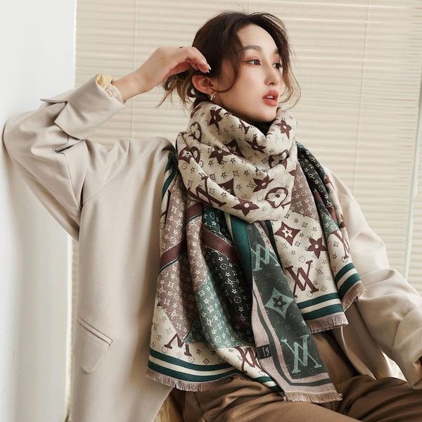 

scarves women's scarf winter 65*185cm long double-sided cashmere retro tassel warm star chain curling shawl women, Blue;gray