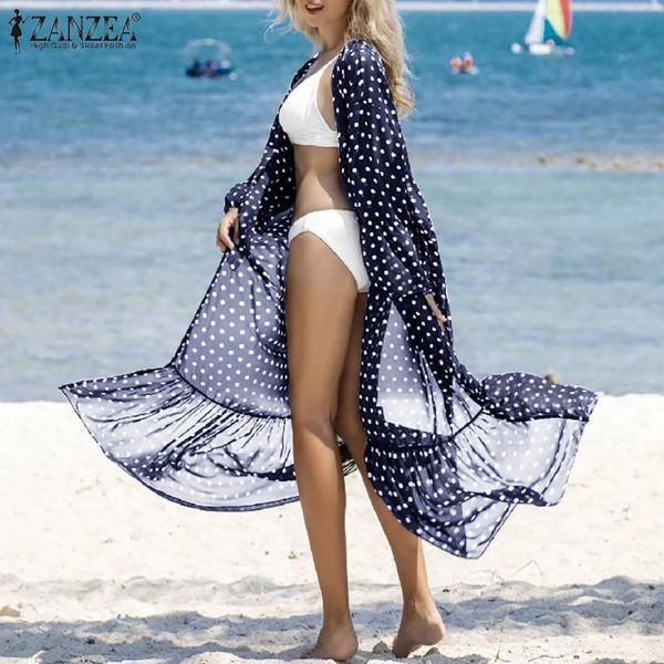 

women's swimwear zanzea elegant women cover-ups 2021 summer polka dots cardigan casual long sleeve maxi blusa femme ladies loose plus, White;black