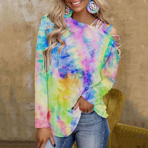 

women's blouses & shirts 40# tie dye print women strapless long sleeve skew collar harajuku loose oversize pullover for, White