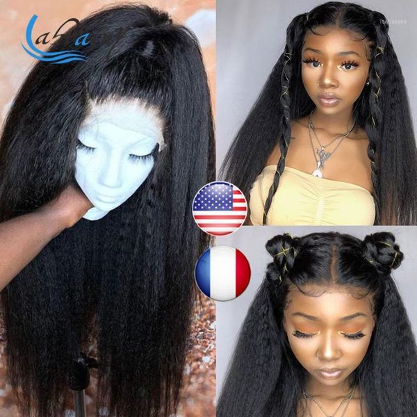 

kinky straight wig lace front human hair wigs natural preplucked yaki glueless frontal 13x6 closure1, Black;brown