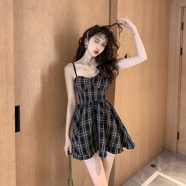 

women summer dress female vestidos casual backless boho dresses 2021 plaid print sleeveless beach wear spaghetti vestidos y0603, Black;gray