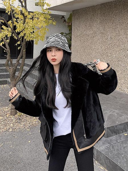 

women's fur & faux fashion super quality genuine wool coat autumn winter real female sheepskin motorcycle clothing casacos zjt1629, Black