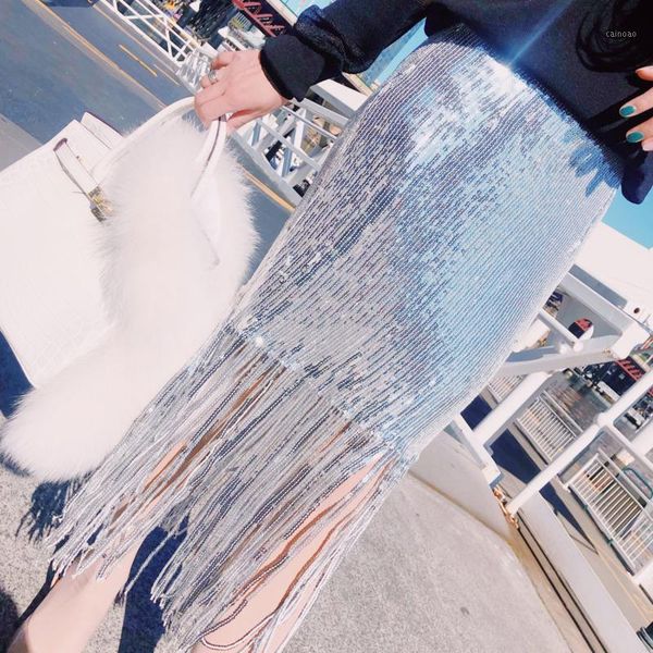 

skirts [ewq]spring 2021 fashion women tulle skirt vintage bright clothes galaxy luxury sequined tassel stretch bag hip, Black