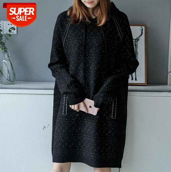 

qing dynasty hooded knitted sweater women's long loose large size dot student trend #1i3n, Black;gray